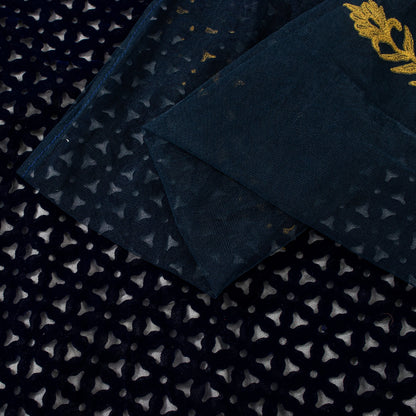 Sanskriti Vintage Soft Blue Net Velvet Saree Cut Work & Embroidered LaceSari 6.5
