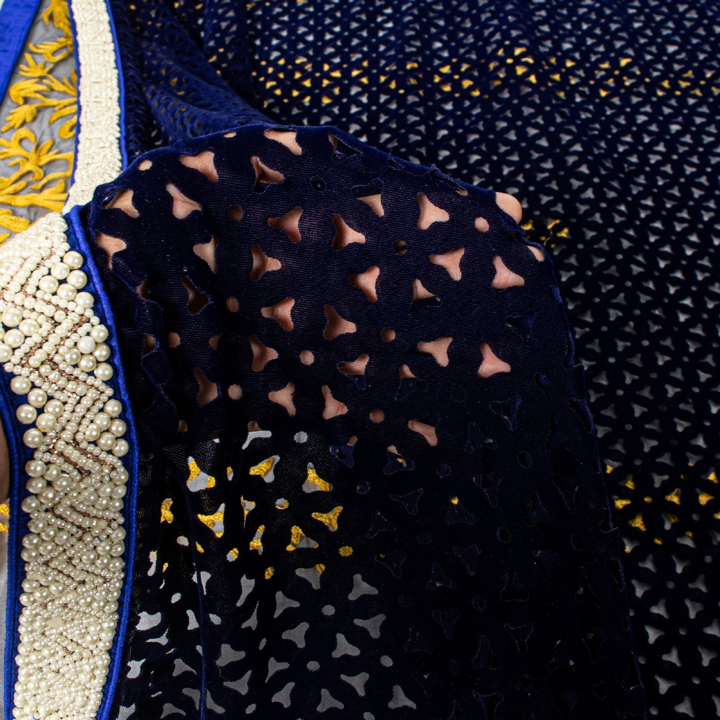 Sanskriti Vintage Soft Blue Net Velvet Saree Cut Work & Embroidered LaceSari 6.5