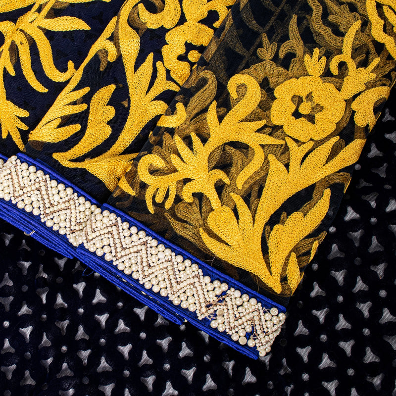 Sanskriti Vintage Soft Blue Net Velvet Saree Cut Work & Embroidered LaceSari 6.5