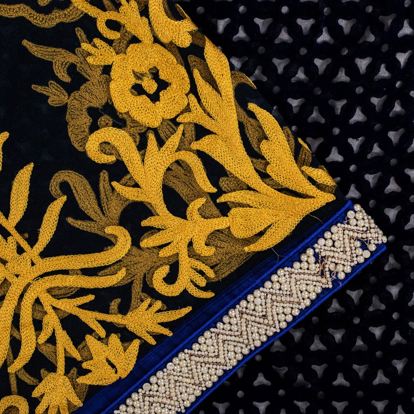 Sanskriti Vintage Soft Blue Net Velvet Saree Cut Work & Embroidered LaceSari 6.5