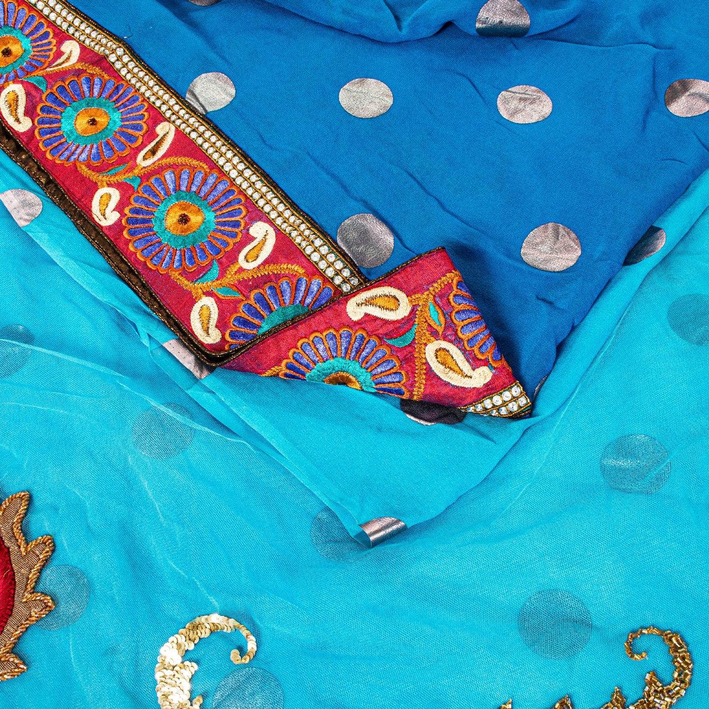 Sanskriti Vintage Blue Net Saree Hand Embroidery Patch Sequins Beaded Sari 6+YD