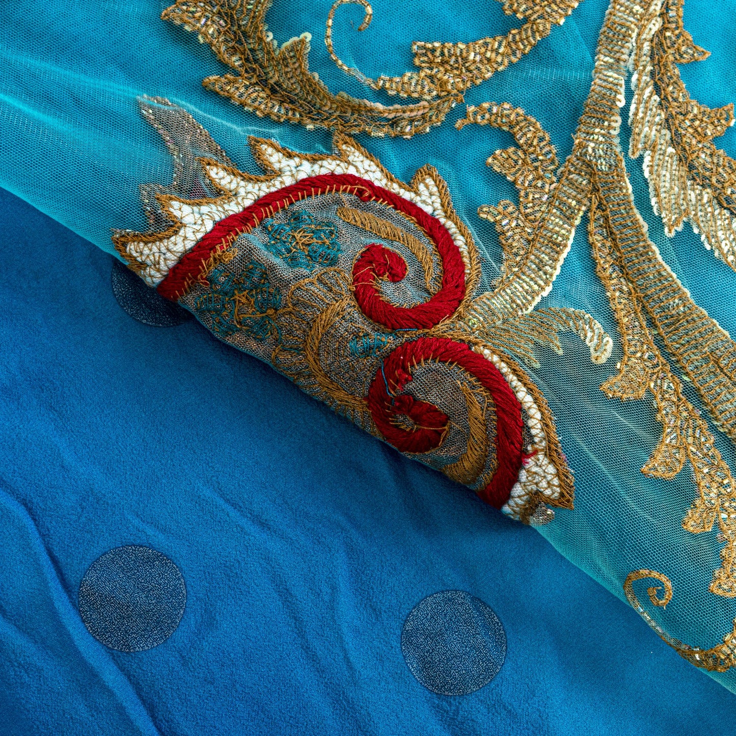 Sanskriti Vintage Blue Net Saree Hand Embroidery Patch Sequins Beaded Sari 6+YD