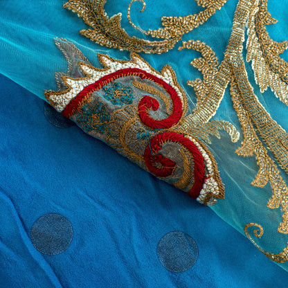 Sanskriti Vintage Blue Net Saree Hand Embroidery Patch Sequins Beaded Sari 6+YD