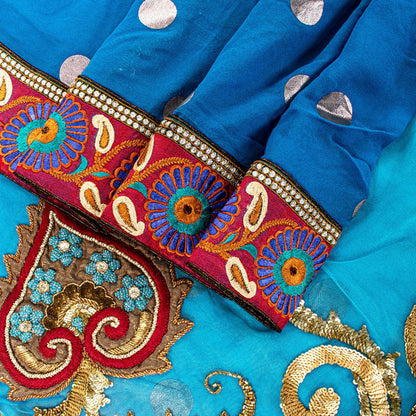 Sanskriti Vintage Blue Net Saree Hand Embroidery Patch Sequins Beaded Sari 6+YD