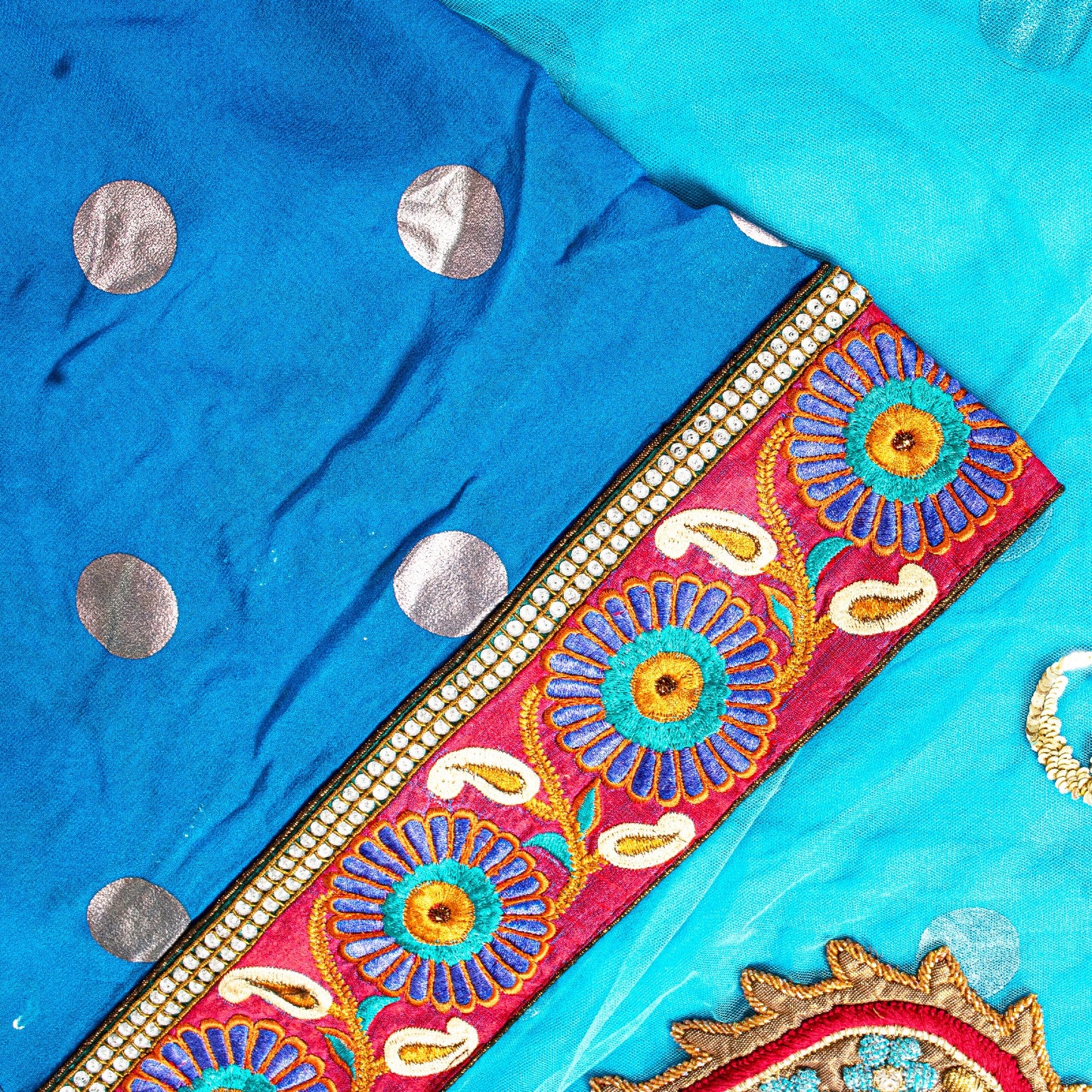 Sanskriti Vintage Blue Net Saree Hand Embroidery Patch Sequins Beaded Sari 6+YD