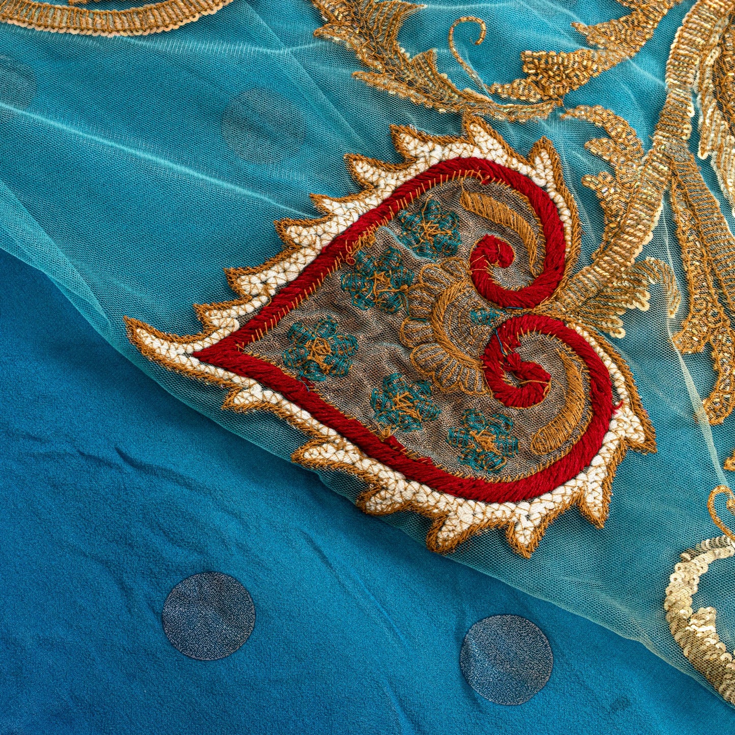 Sanskriti Vintage Blue Net Saree Hand Embroidery Patch Sequins Beaded Sari 6+YD