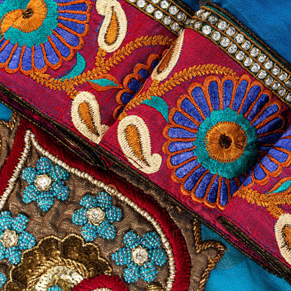 Sanskriti Vintage Blue Net Saree Hand Embroidery Patch Sequins Beaded Sari 6+YD