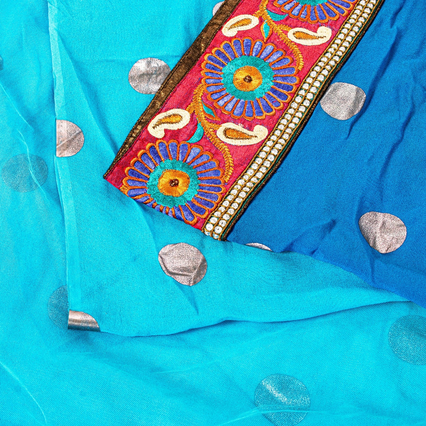 Sanskriti Vintage Blue Net Saree Hand Embroidery Patch Sequins Beaded Sari 6+YD