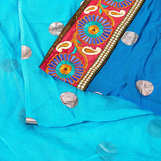 Sanskriti Vintage Blue Net Saree Hand Embroidery Patch Sequins Beaded Sari 6+YD
