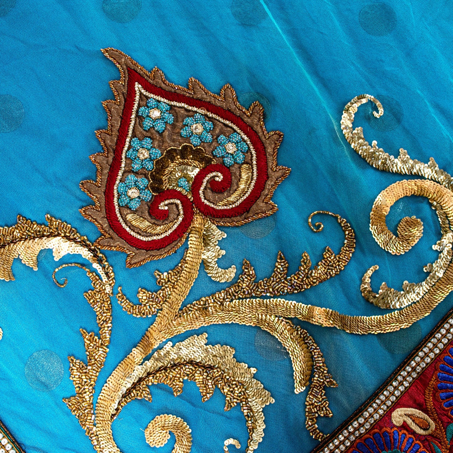 Sanskriti Vintage Blue Net Saree Hand Embroidery Patch Sequins Beaded Sari 6+YD