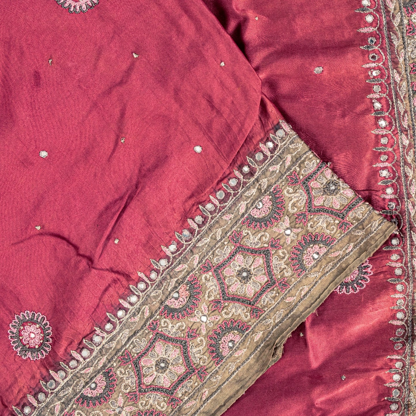 Sanskriti Vintage Wine 100%Pure Satin Saree Embroidered Mirror Mukesh Sari 5.5YD