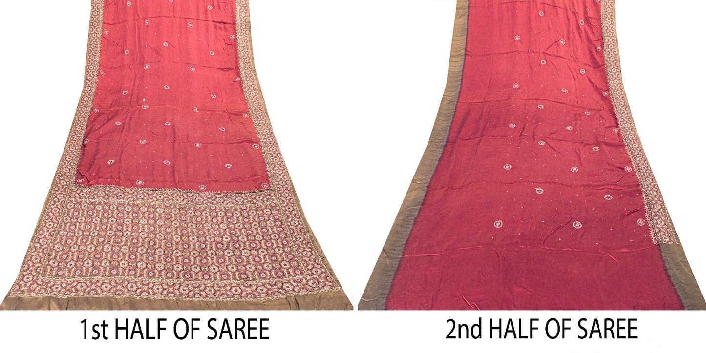 Sanskriti Vintage Wine 100%Pure Satin Saree Embroidered Mirror Mukesh Sari 5.5YD