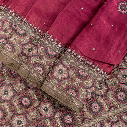 Sanskriti Vintage Wine 100%Pure Satin Saree Embroidered Mirror Mukesh Sari 5.5YD