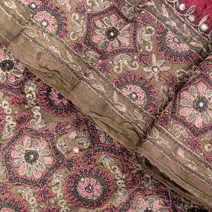 Sanskriti Vintage Wine 100%Pure Satin Saree Embroidered Mirror Mukesh Sari 5.5YD
