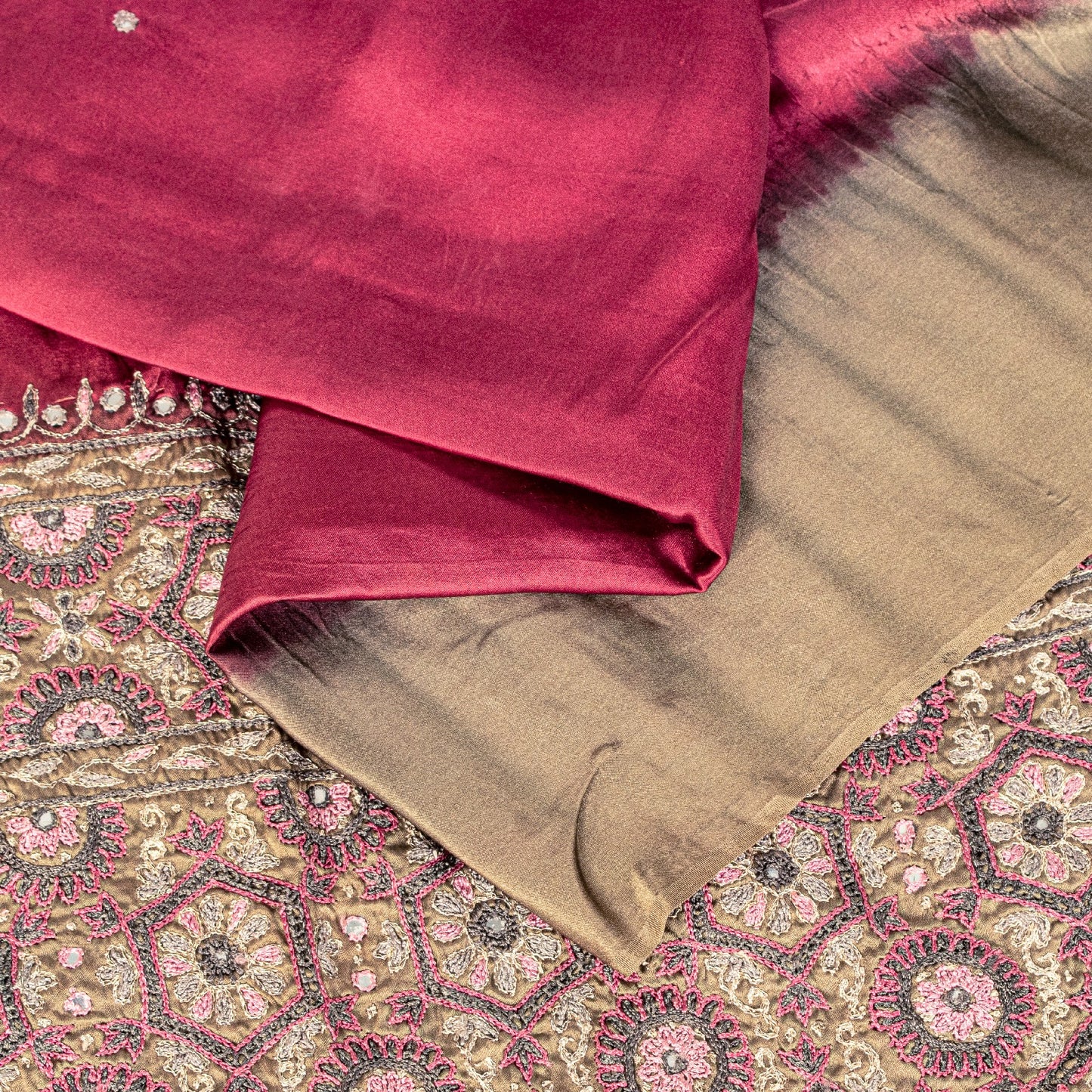 Sanskriti Vintage Wine 100%Pure Satin Saree Embroidered Mirror Mukesh Sari 5.5YD