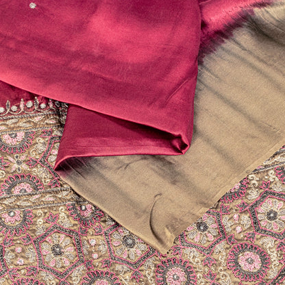 Sanskriti Vintage Wine 100%Pure Satin Saree Embroidered Mirror Mukesh Sari 5.5YD