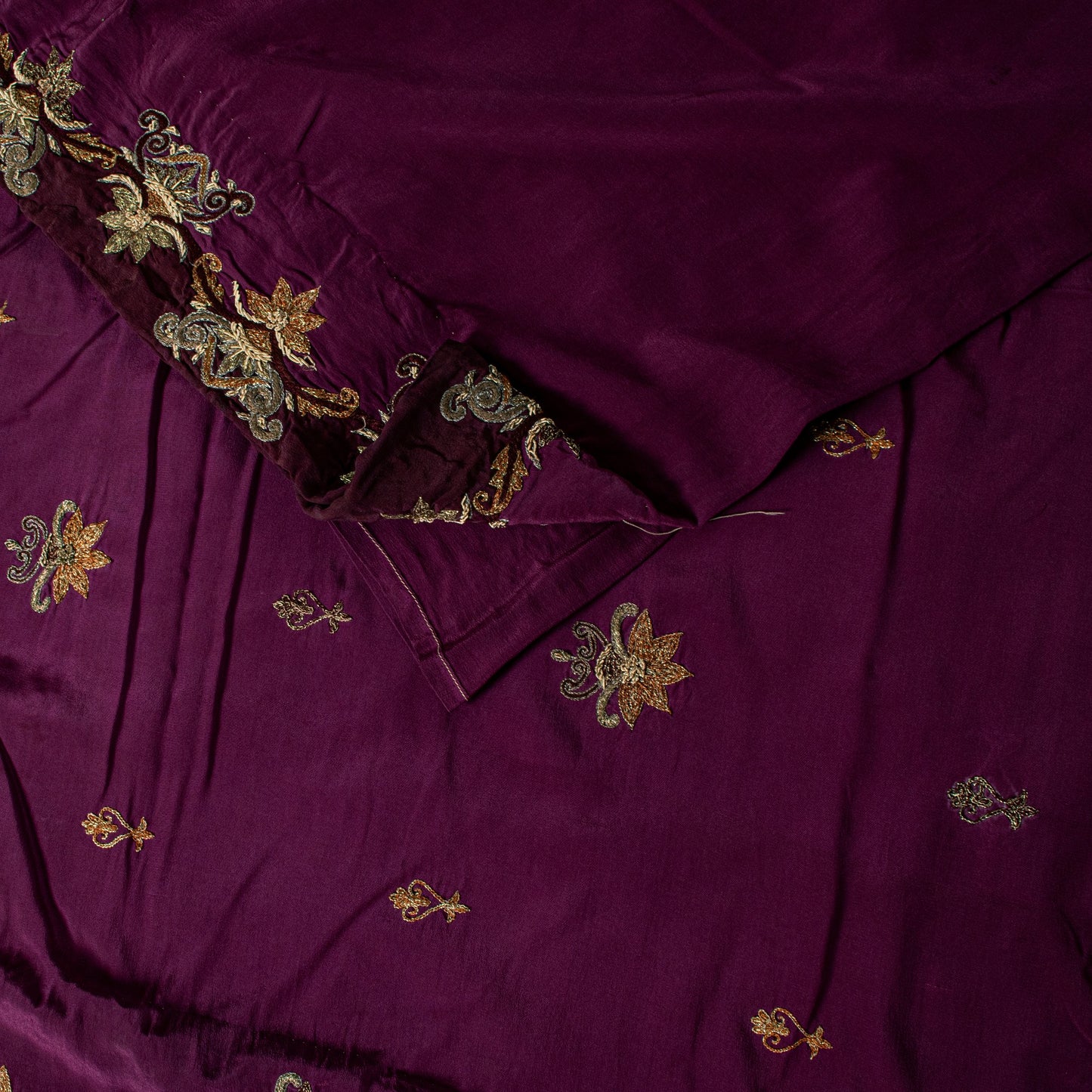Sanskriti Vintage Wine Pure Crepe Silk Saree Hand Embroidery Zardozi Sari 5.5 YD