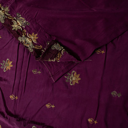 Sanskriti Vintage Wine Pure Crepe Silk Saree Hand Embroidery Zardozi Sari 5.5 YD
