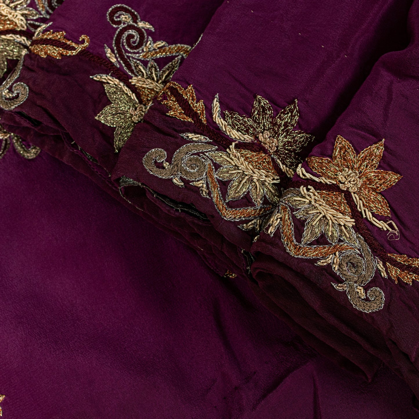 Sanskriti Vintage Wine Pure Crepe Silk Saree Hand Embroidery Zardozi Sari 5.5 YD