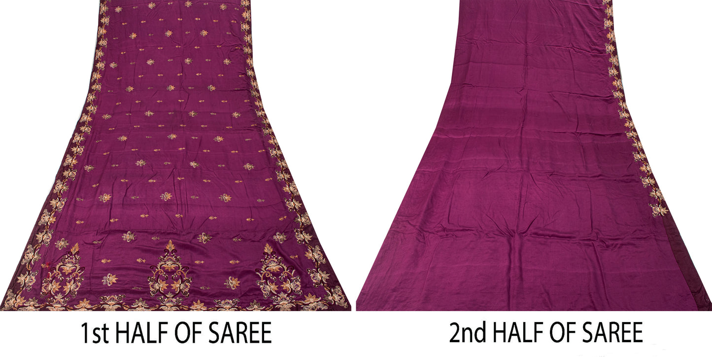 Sanskriti Vintage Wine Pure Crepe Silk Saree Hand Embroidery Zardozi Sari 5.5 YD