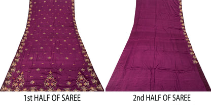 Sanskriti Vintage Wine Pure Crepe Silk Saree Hand Embroidery Zardozi Sari 5.5 YD