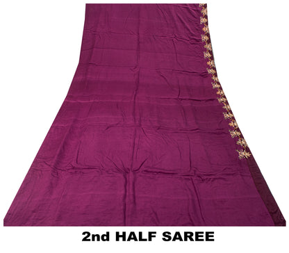 Sanskriti Vintage Wine Pure Crepe Silk Saree Hand Embroidery Zardozi Sari 5.5 YD
