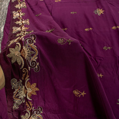 Sanskriti Vintage Wine Pure Crepe Silk Saree Hand Embroidery Zardozi Sari 5.5 YD