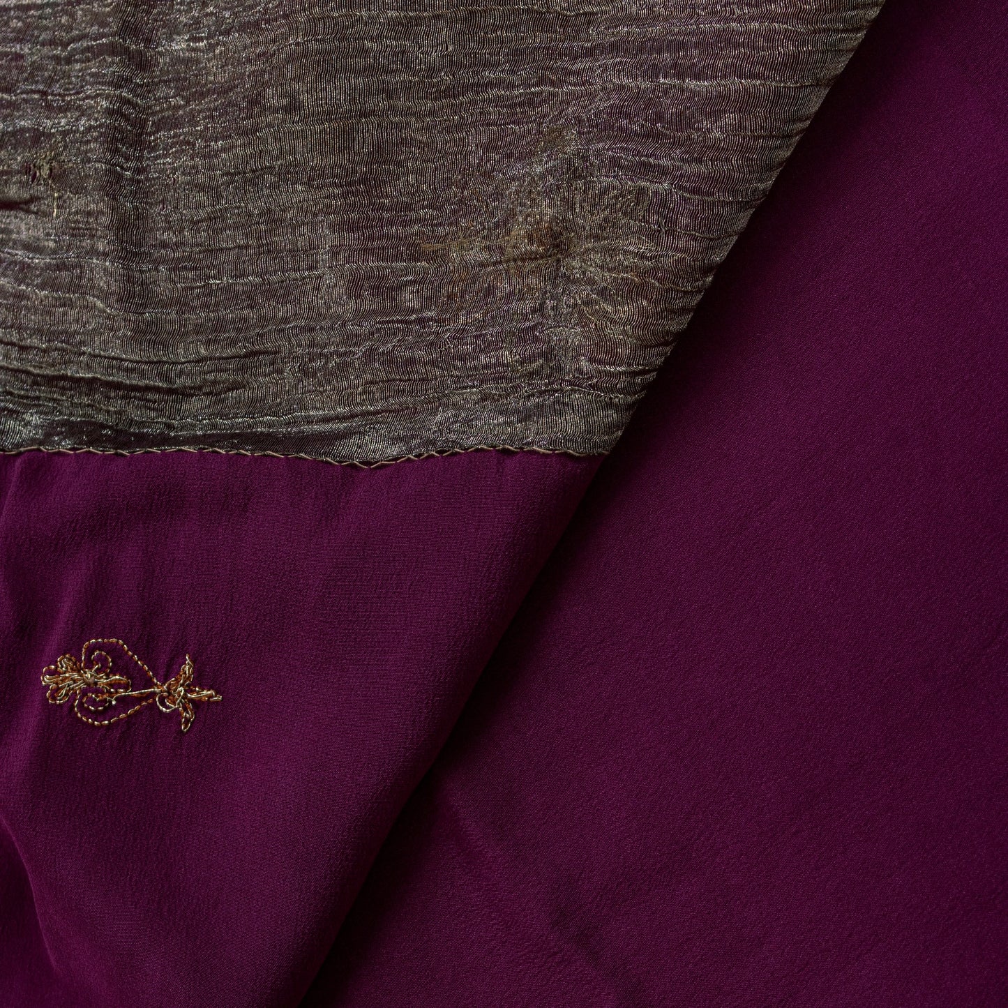 Sanskriti Vintage Wine Pure Crepe Silk Saree Hand Embroidery Zardozi Sari 5.5 YD