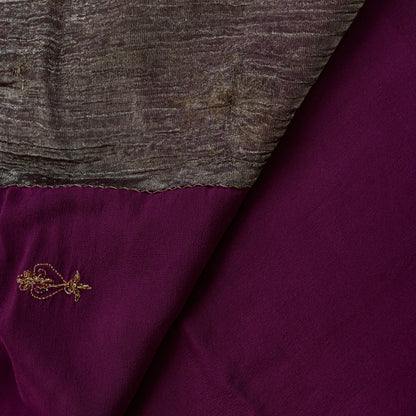 Sanskriti Vintage Wine Pure Crepe Silk Saree Hand Embroidery Zardozi Sari 5.5 YD