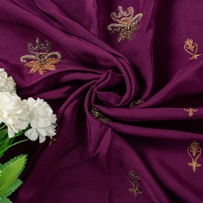 Sanskriti Vintage Wine Pure Crepe Silk Saree Hand Embroidery Zardozi Sari 5.5 YD
