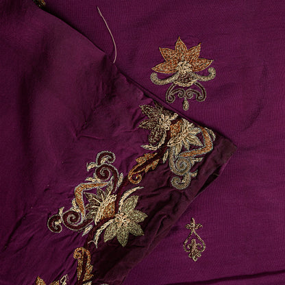 Sanskriti Vintage Wine Pure Crepe Silk Saree Hand Embroidery Zardozi Sari 5.5 YD
