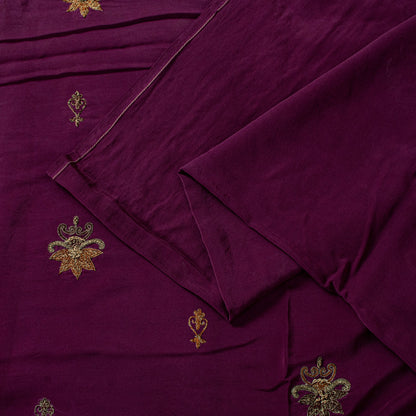 Sanskriti Vintage Wine Pure Crepe Silk Saree Hand Embroidery Zardozi Sari 5.5 YD