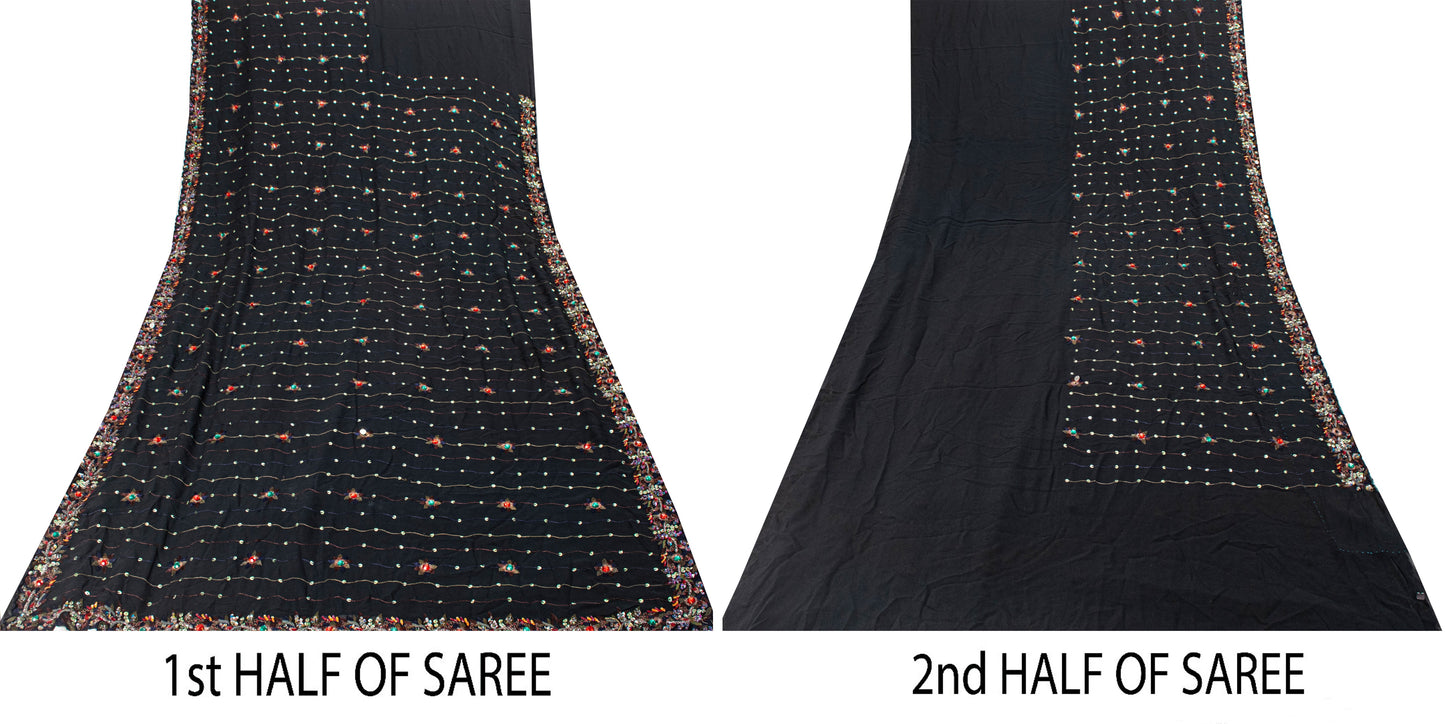 Sanskriti Vintage Black Pure Georgette Saree Hand Embroidered Sequins Sari 5.5