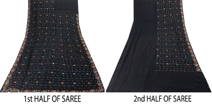 Sanskriti Vintage Black Pure Georgette Saree Hand Embroidered Sequins Sari 5.5