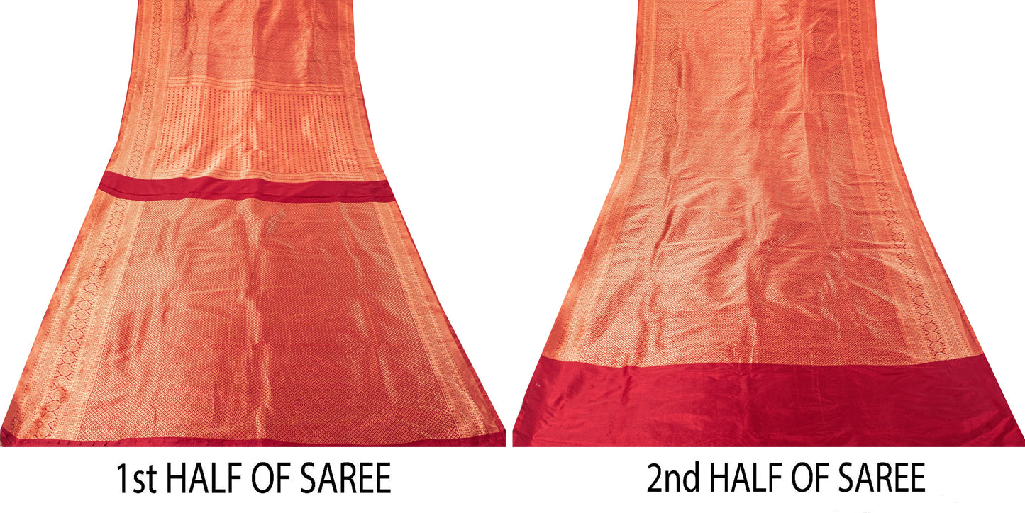 Sanskriti Vintage Red Blend Silk Saree Brocade Banarasi Zari Hand Woven Sari 5.5