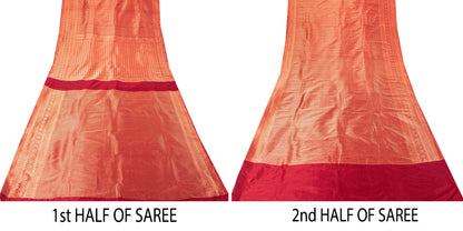 Sanskriti Vintage Red Blend Silk Saree Brocade Banarasi Zari Hand Woven Sari 5.5