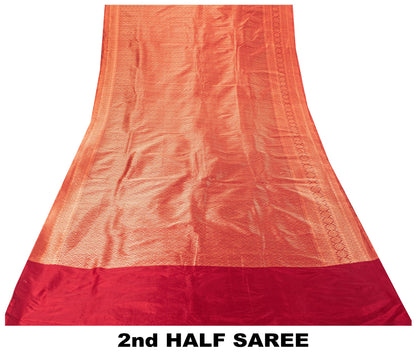 Sanskriti Vintage Red Blend Silk Saree Brocade Banarasi Zari Hand Woven Sari 5.5
