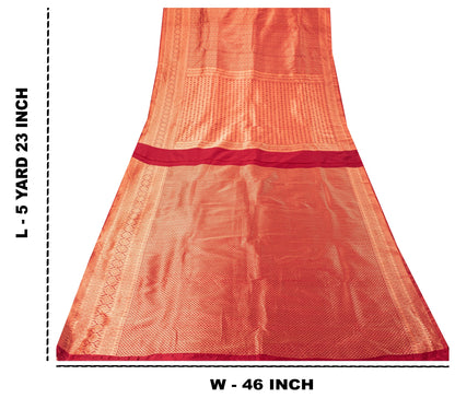 Sanskriti Vintage Red Blend Silk Saree Brocade Banarasi Zari Hand Woven Sari 5.5