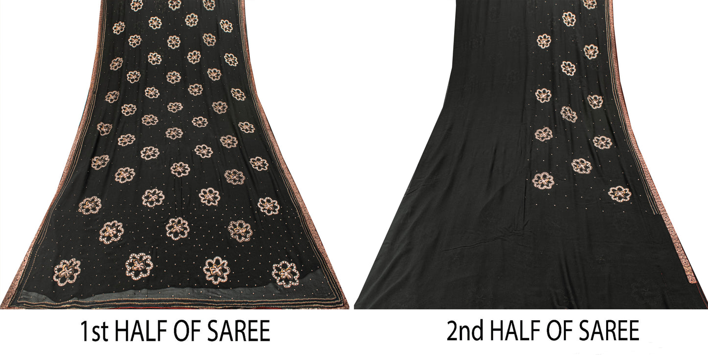 Sanskriti Vintage Black Pure Georgette Saree Hand Embroidery Zari SequinSari 5.5