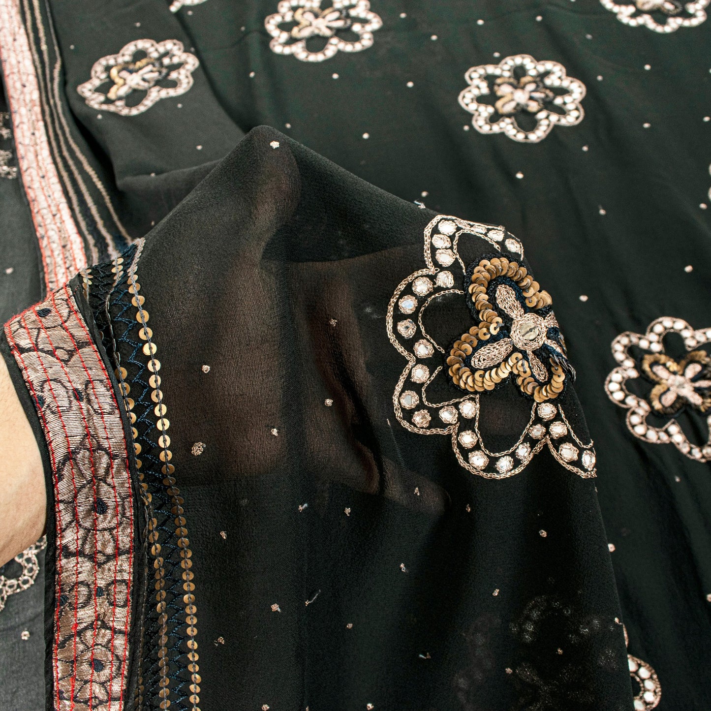 Sanskriti Vintage Black Pure Georgette Saree Hand Embroidery Zari SequinSari 5.5