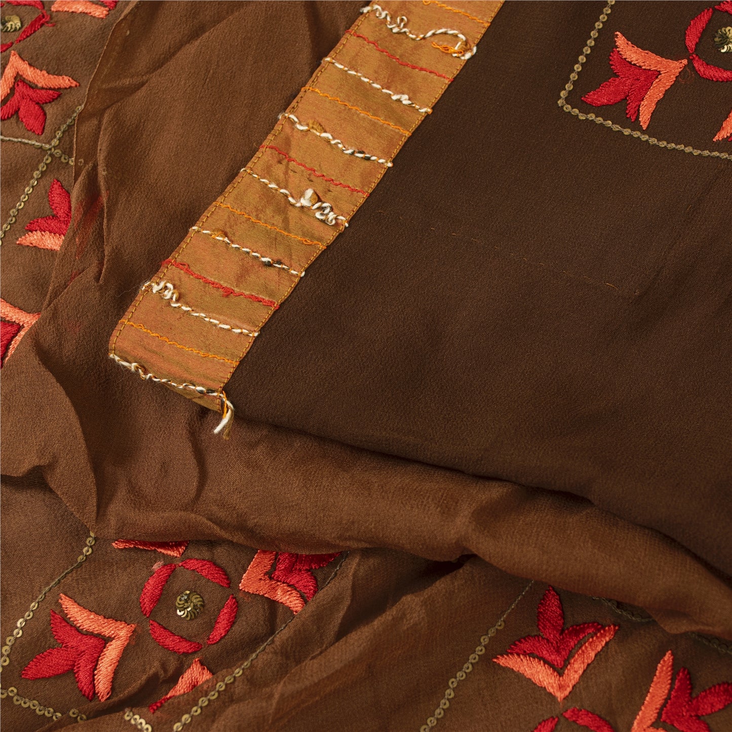 Sanskriti Vintage Bollywood Sarees Hand Beaded Pure Georgette Brown Fabric Sari