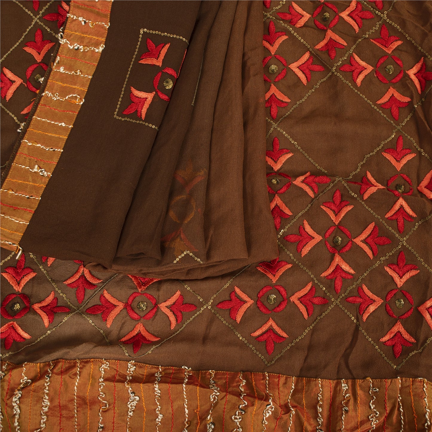 Sanskriti Vintage Bollywood Sarees Hand Beaded Pure Georgette Brown Fabric Sari