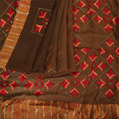 Sanskriti Vintage Bollywood Sarees Hand Beaded Pure Georgette Brown Fabric Sari