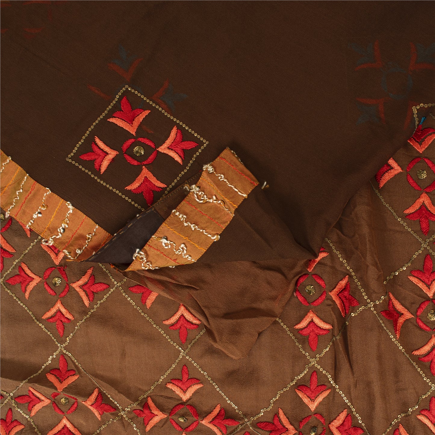 Sanskriti Vintage Bollywood Sarees Hand Beaded Pure Georgette Brown Fabric Sari