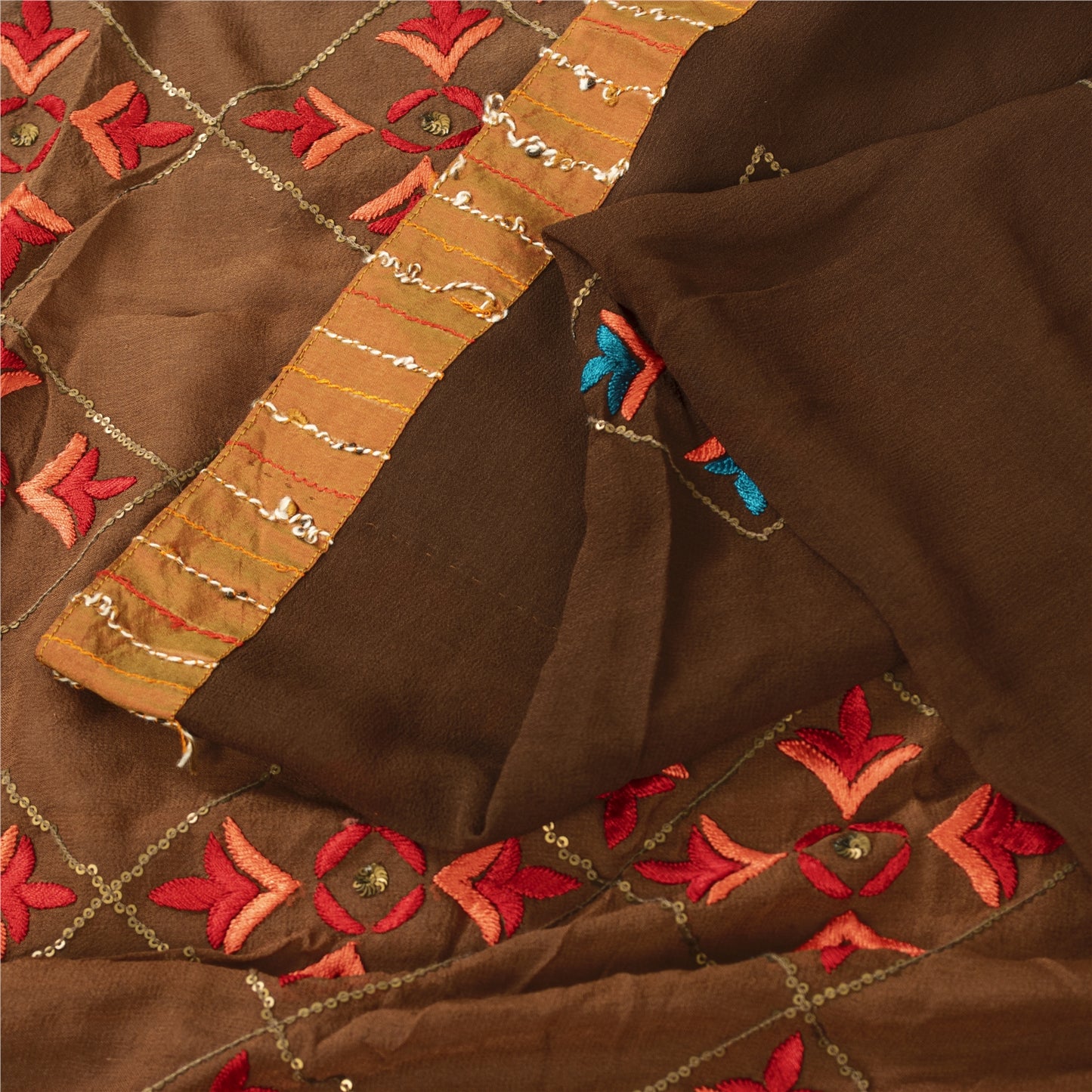 Sanskriti Vintage Bollywood Sarees Hand Beaded Pure Georgette Brown Fabric Sari