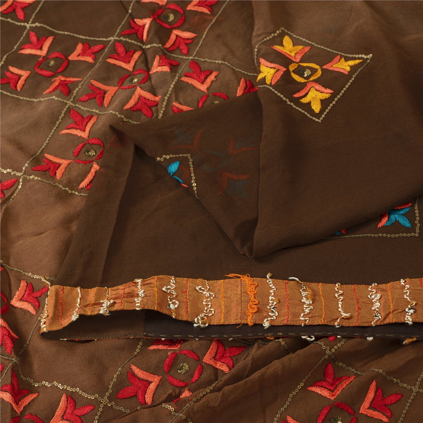 Sanskriti Vintage Bollywood Sarees Hand Beaded Pure Georgette Brown Fabric Sari