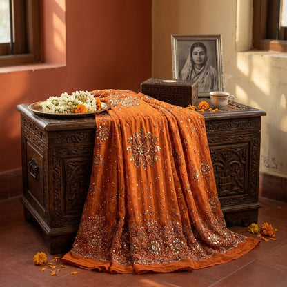 Sanskriti New Orange Pure Georgette Unstitched Lehenga Hand Embroidered Zardozi