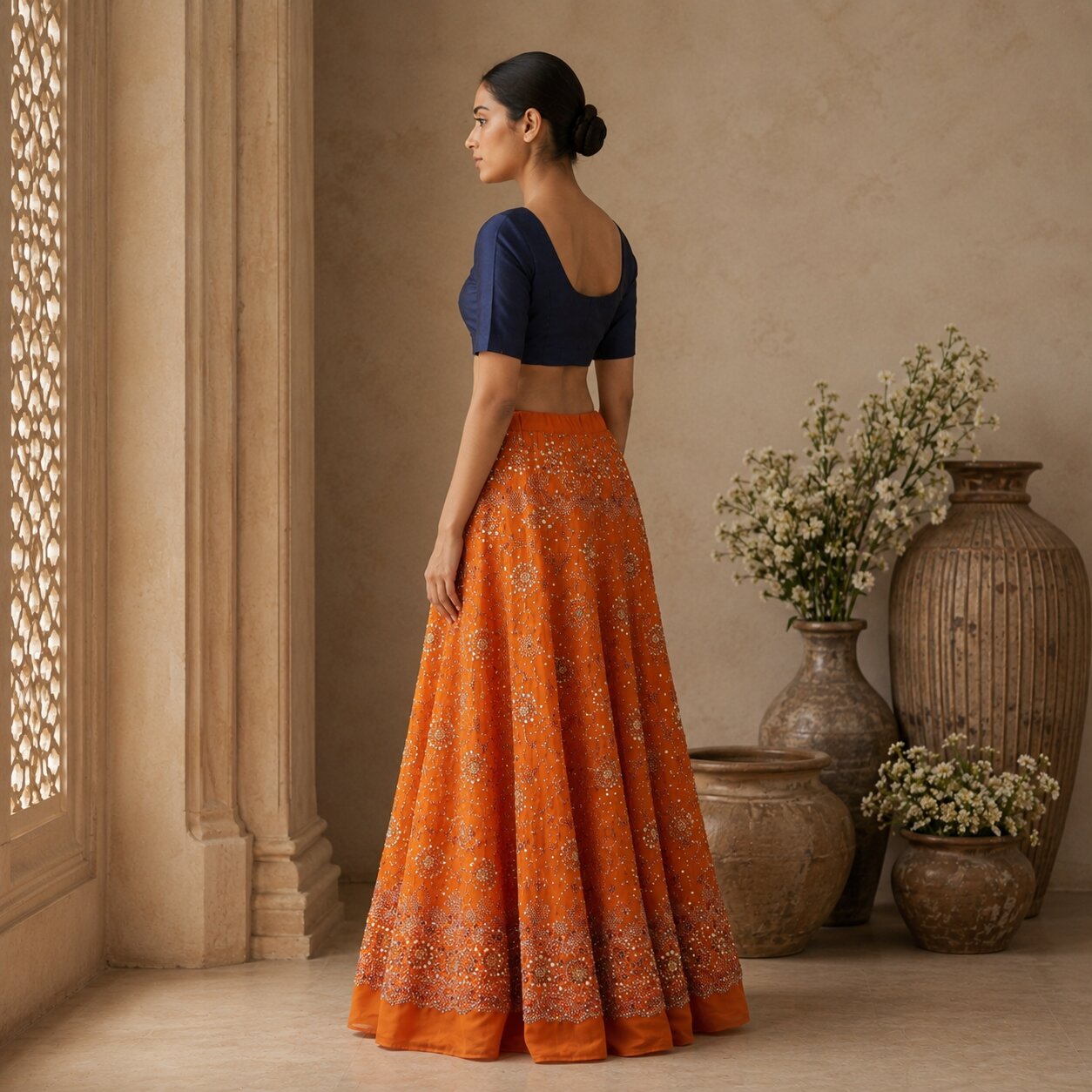 Sanskriti New Orange Pure Georgette Unstitched Lehenga Hand Embroidered Zardozi