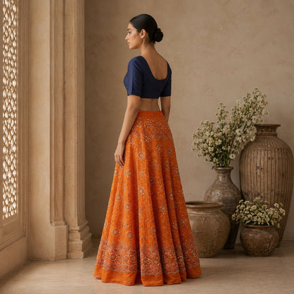 Sanskriti New Orange Pure Georgette Unstitched Lehenga Hand Embroidered Zardozi