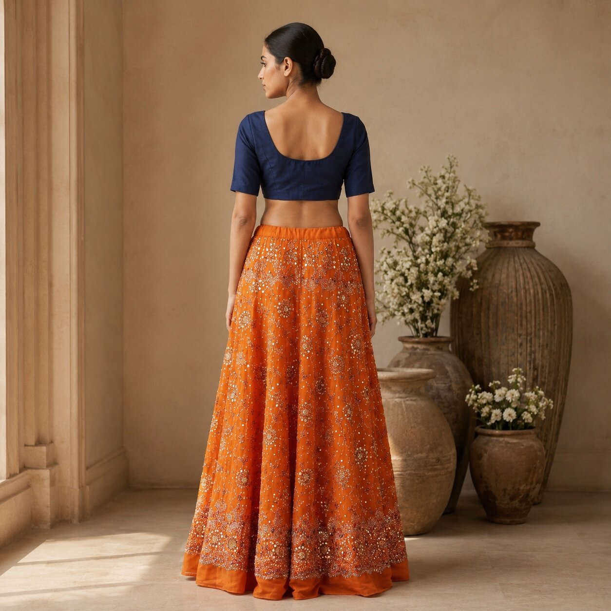 Sanskriti New Orange Pure Georgette Unstitched Lehenga Hand Embroidered Zardozi